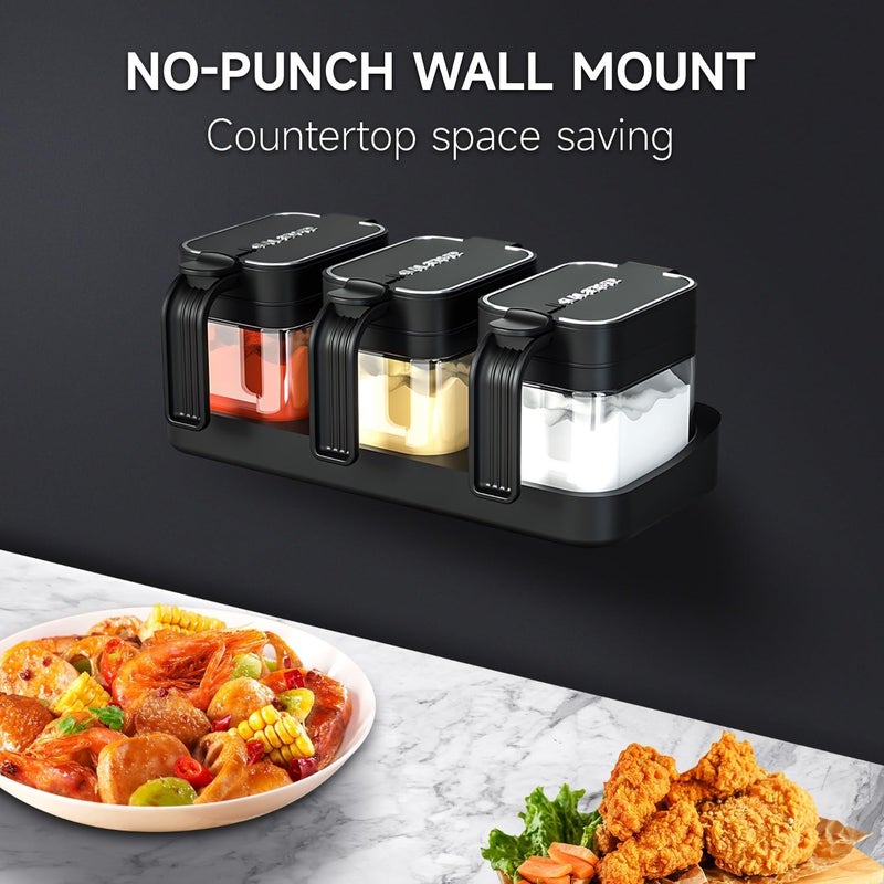 Mlici Seasoning Containers with Lid and Spoon, Set of 3 Glass Salt and Sugar Container, 13.52 Ounce Wall Mounted Condiment Jar Spice Box Set with Base for Hone Kitchen Countertop - Image 2